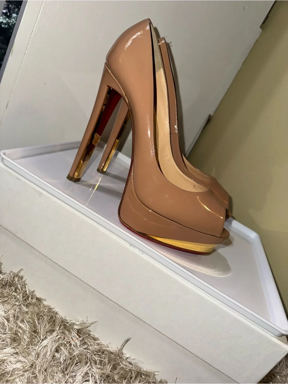 Christian Louboutin Nude Patent Platform High Heel Pumps - Women
